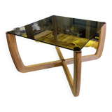 Table basse plateau verre piètement chêne