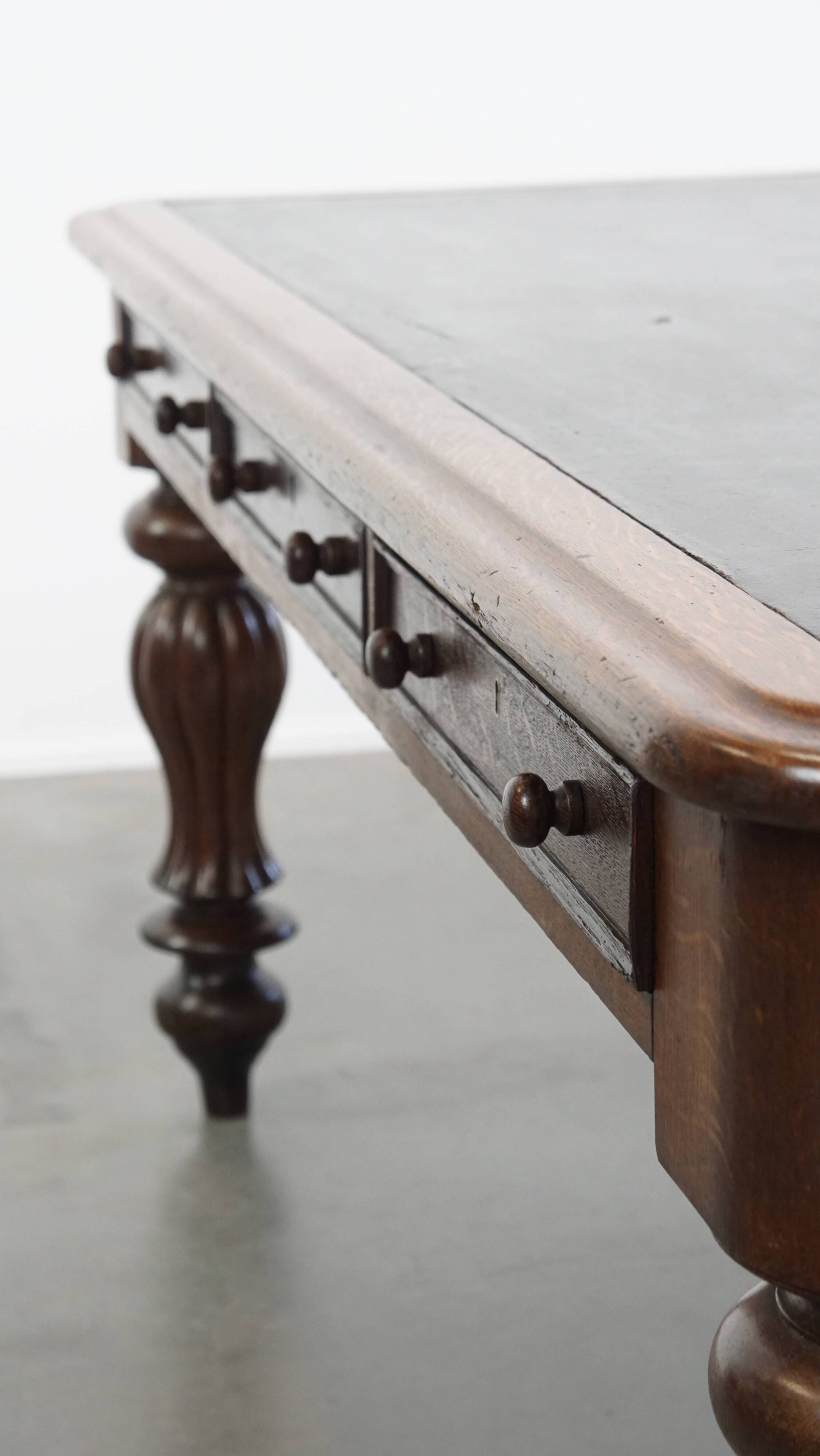 Antique English Oak Writing Desk / Partner Desk with a Leather Top