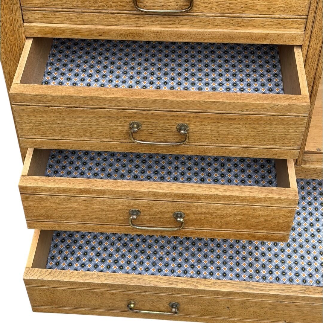 Parisian hotel wardrobe with bevelled mirror, solid raw oak, 1920.