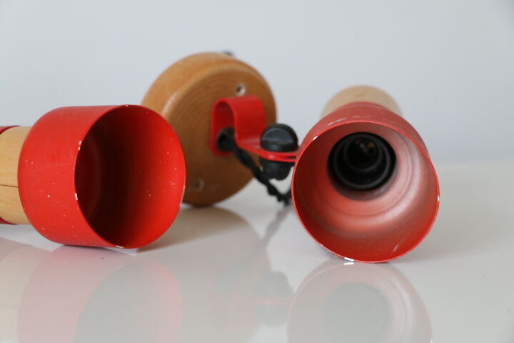 Pair of wall lamps wood and red metal