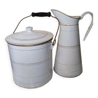 Enamelled pitcher and bucket