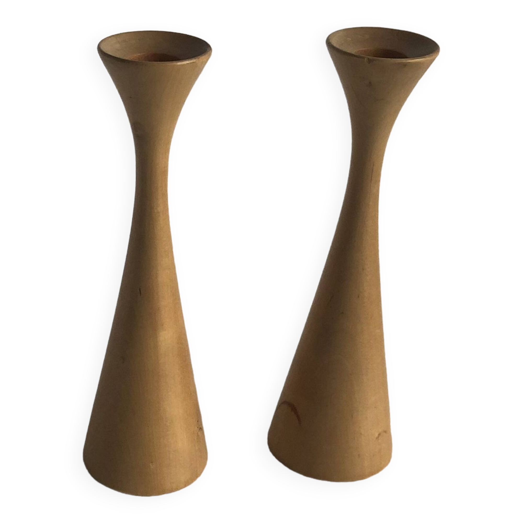 Pair of vintage birch wood candlesticks, Scandinavian design