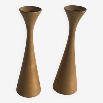 Pair of vintage birch wood candlesticks, Scandinavian design