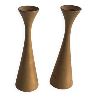 Pair of vintage birch wood candlesticks, Scandinavian design