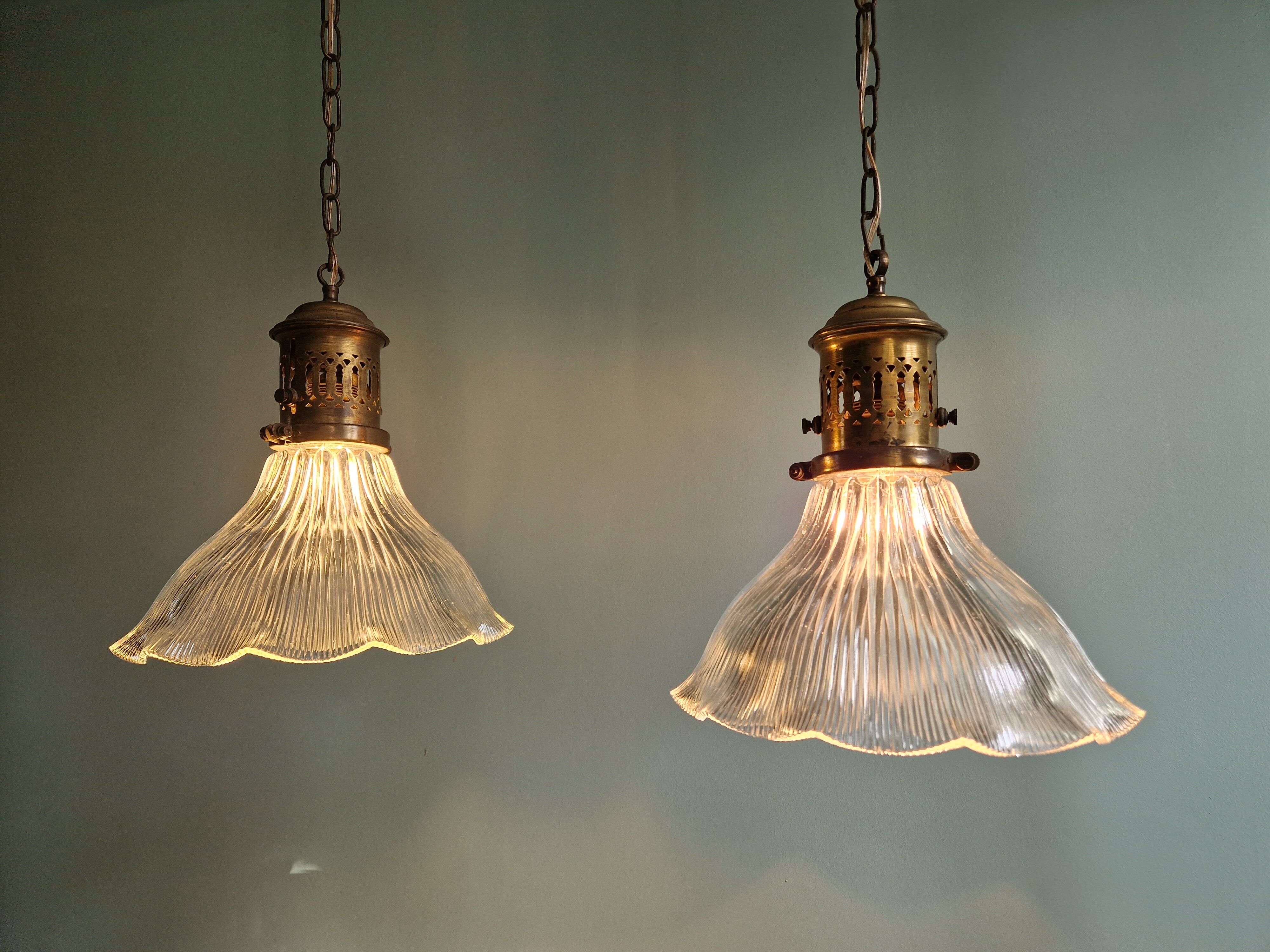 Pair of Holophane wall lamps in grooved glass, 1920s-30s