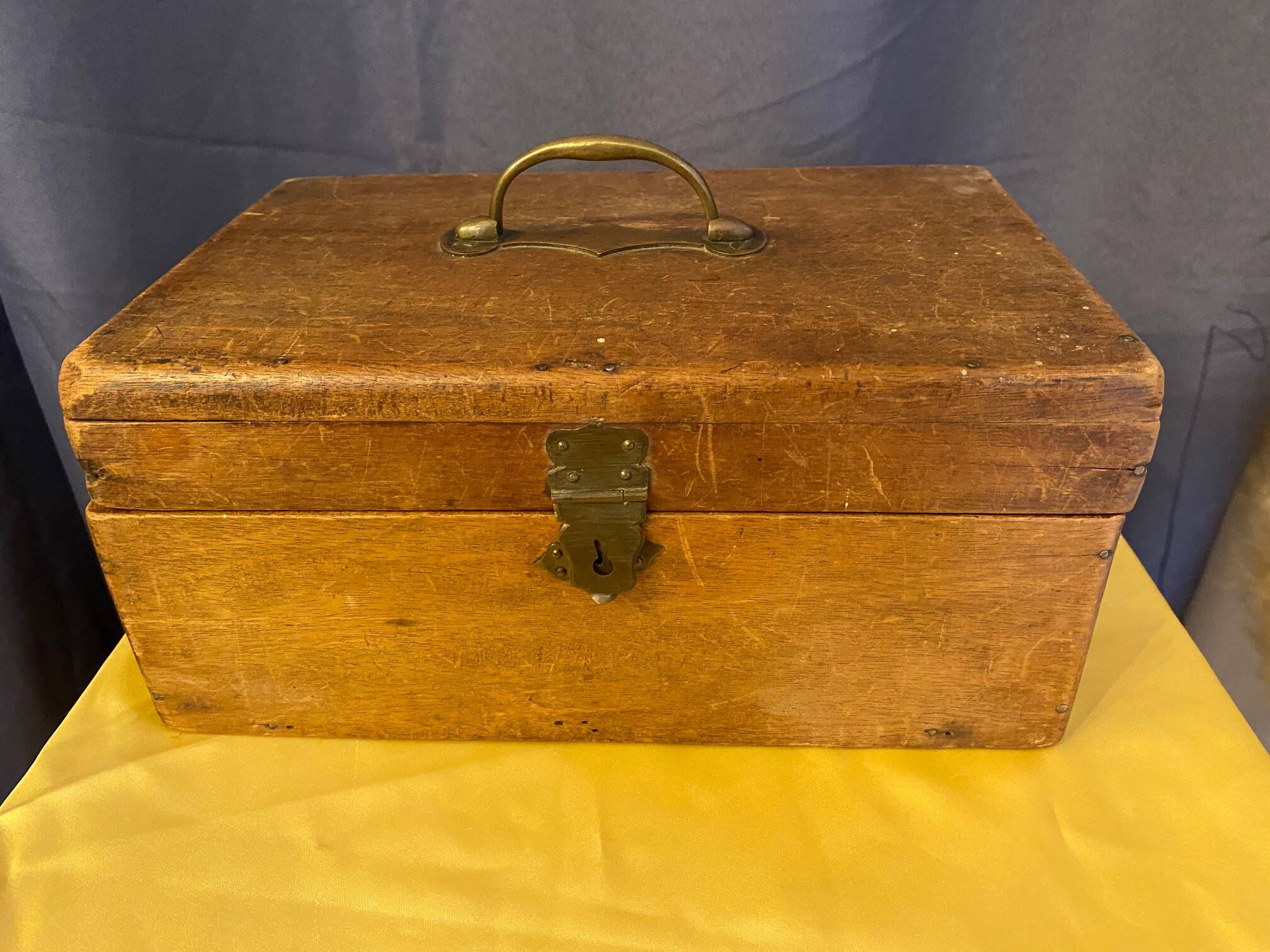 Old wooden box early 20th century market box with brass handle