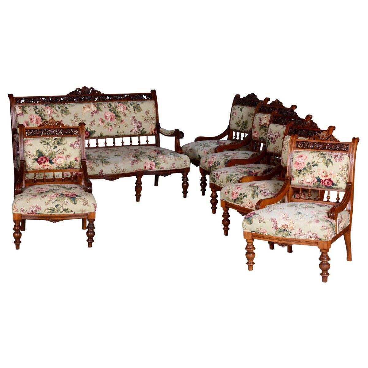 Czech Living Room Set in Beech and Walnut, 1890s, Set of 7