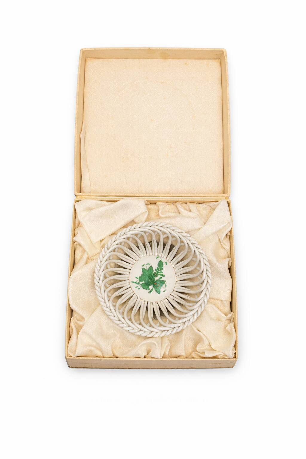 Mini Openwork Basket in Herend Porcelain "Apponyi Green" — Hungary, 19