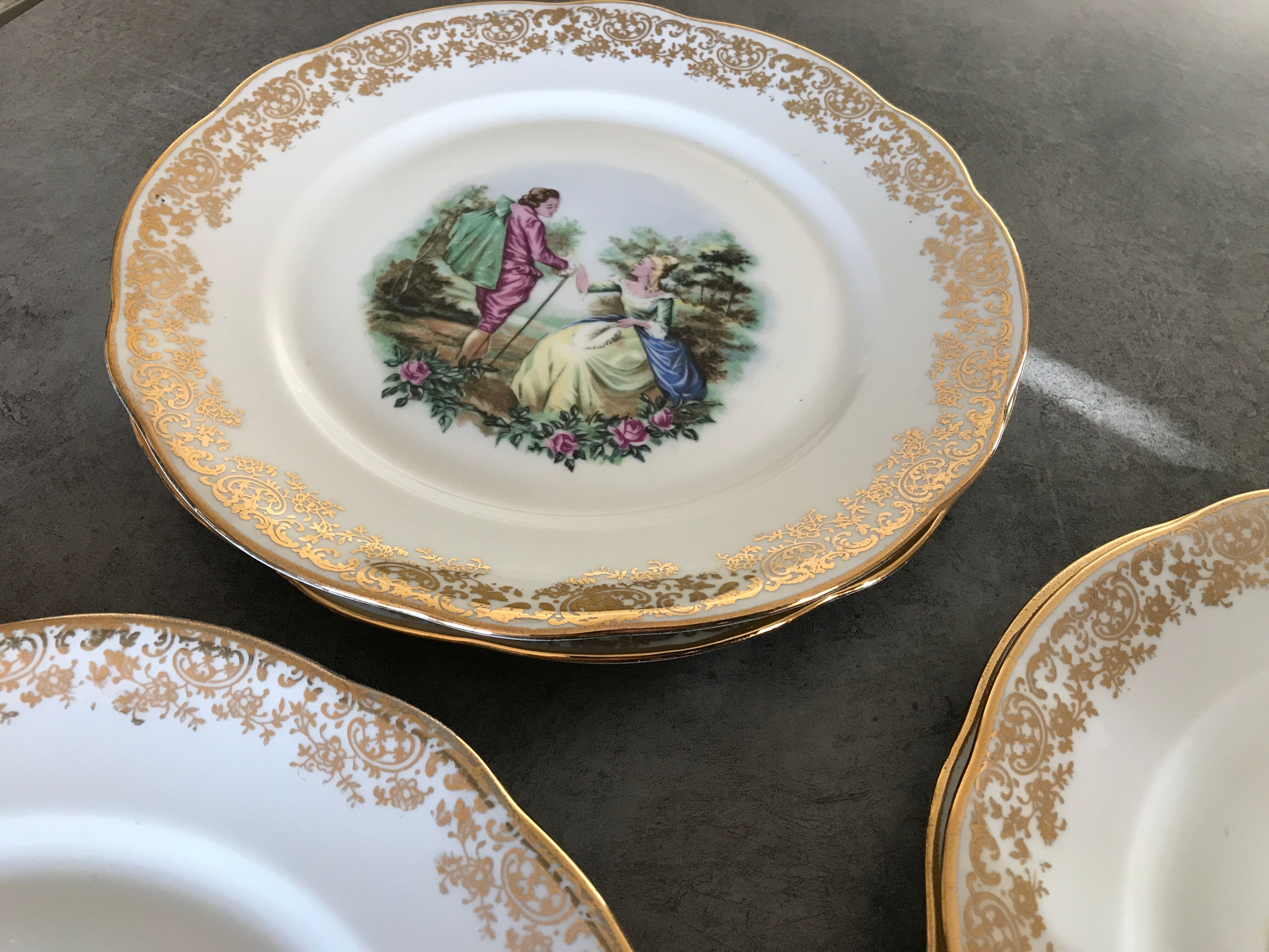 Lot of 8 plates plates pasta and enamels of limoges, decoration of gallant scenes 24.5 cm