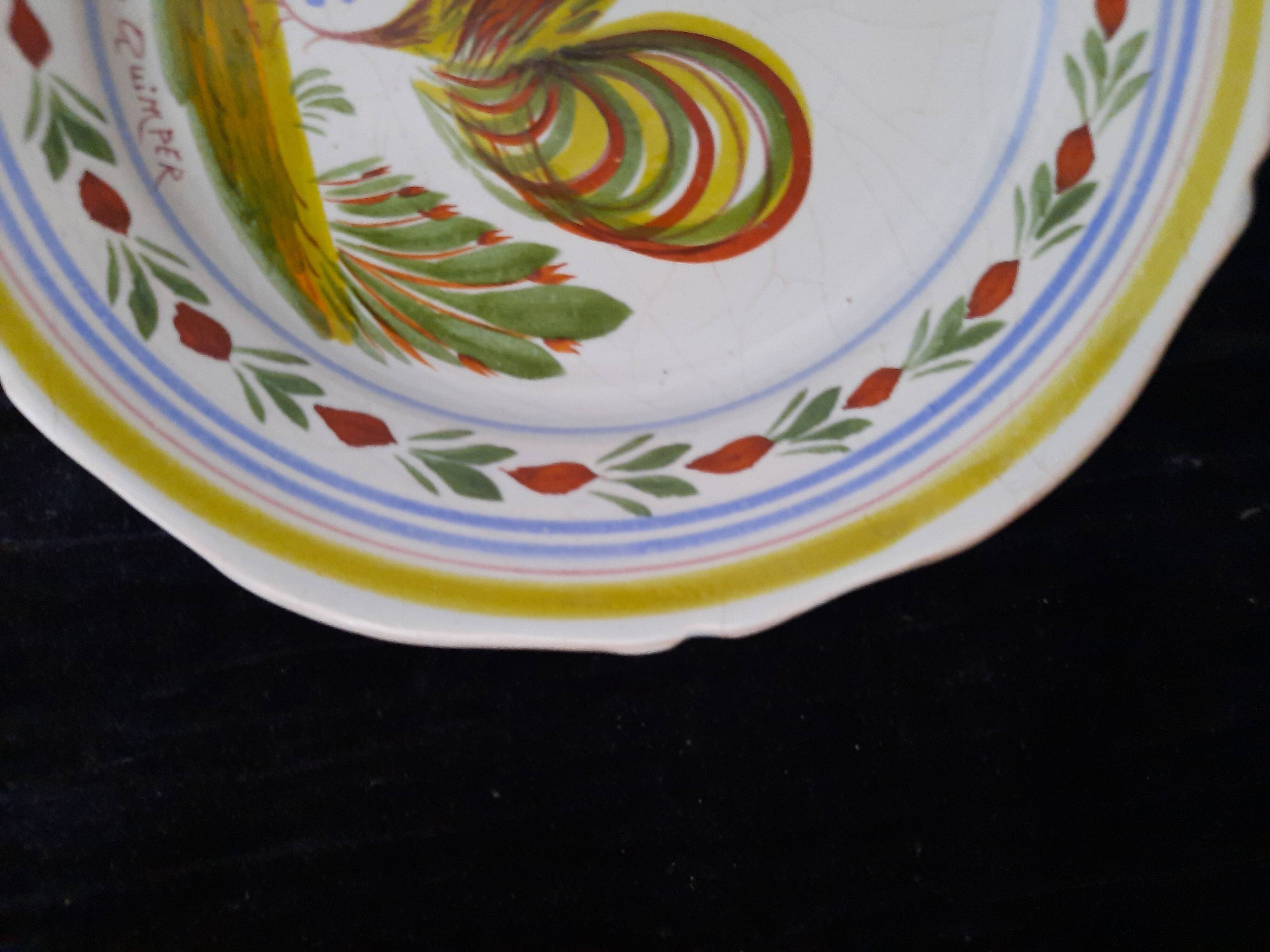 Old HB Quimper Plate Traditional Hand-Painted Rooster Decoration Earthenware 25cm
