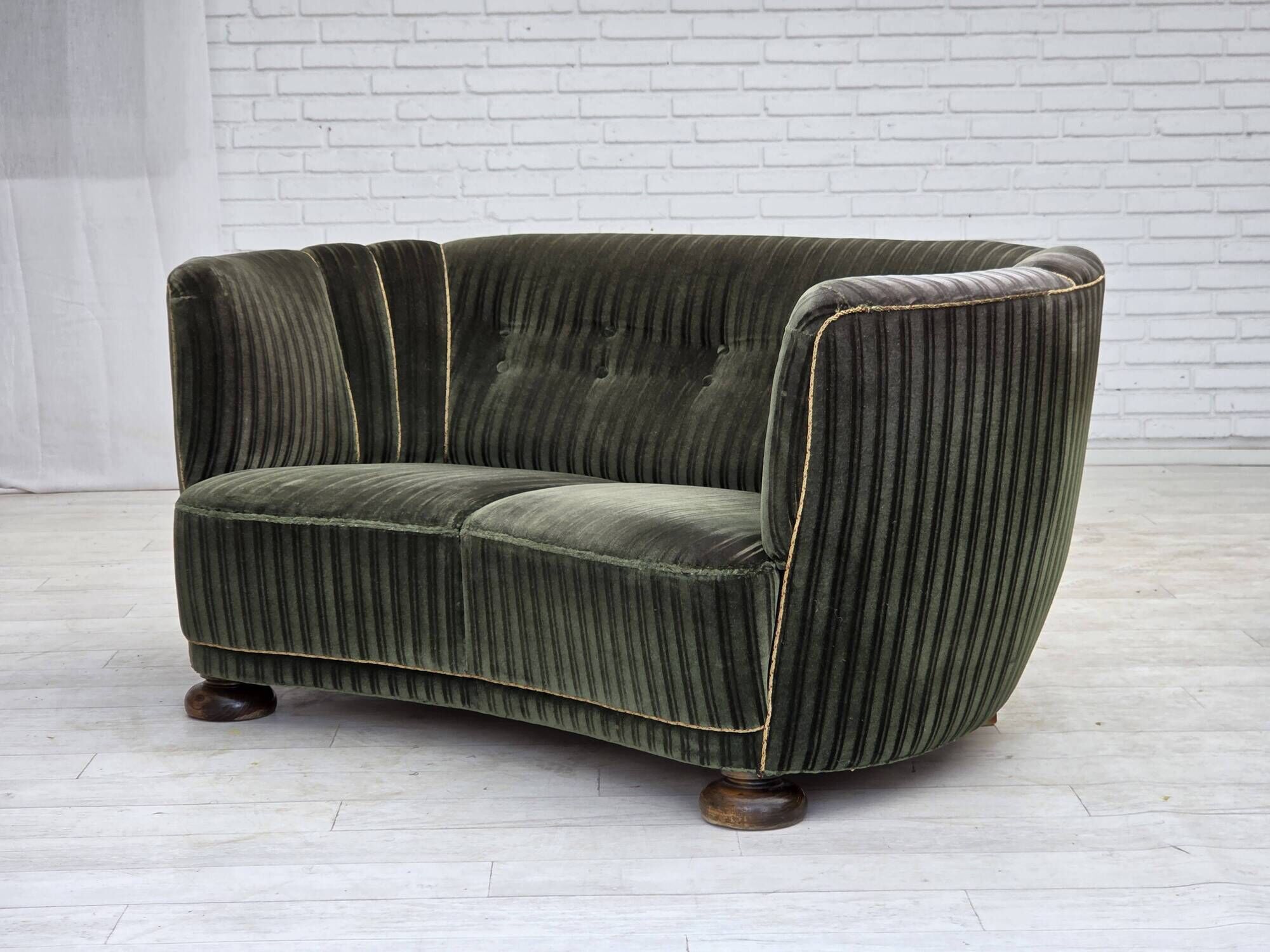 1960s, Danish 2-seater curved sofa, furniture velour, oak wood.