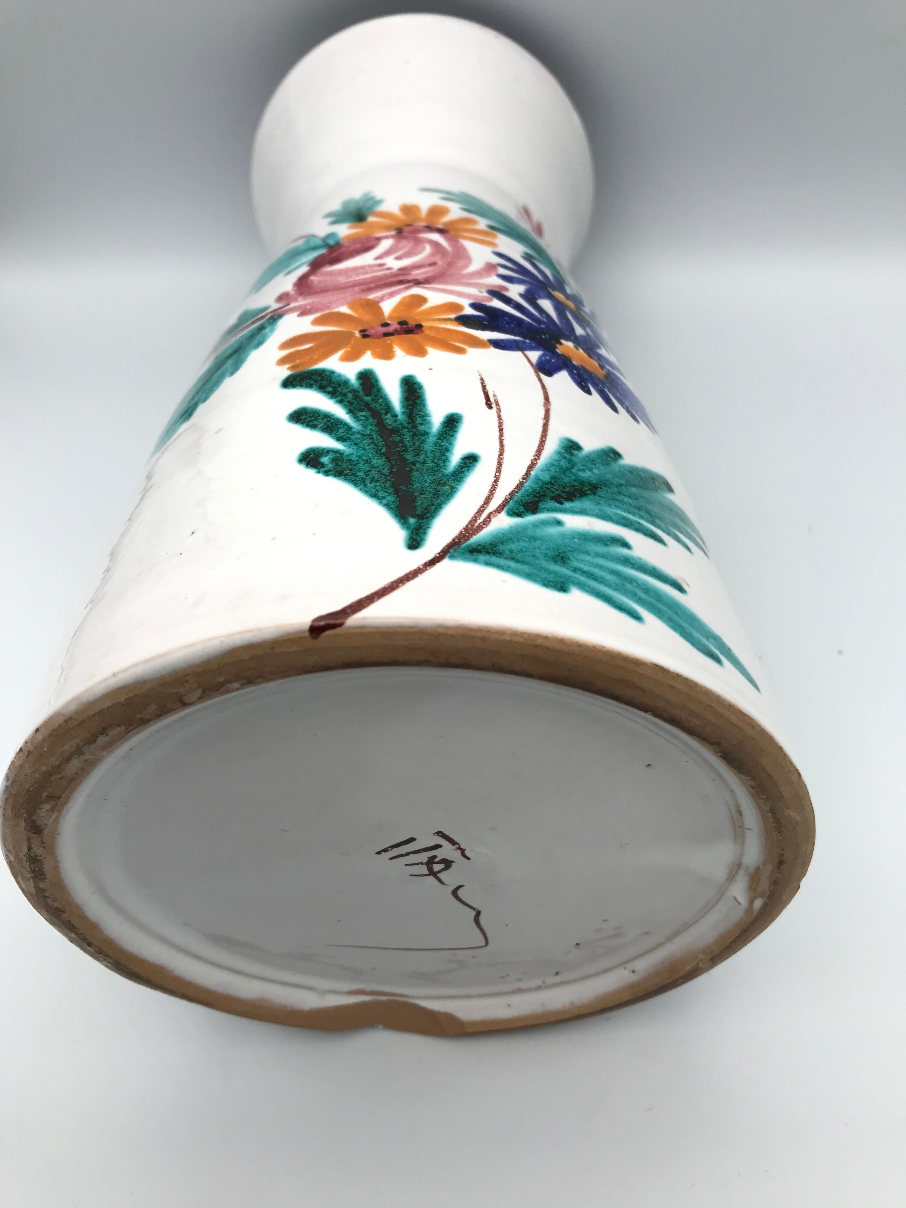 Vintage ceramic vase signed with polychrome flower decoration 25 cm