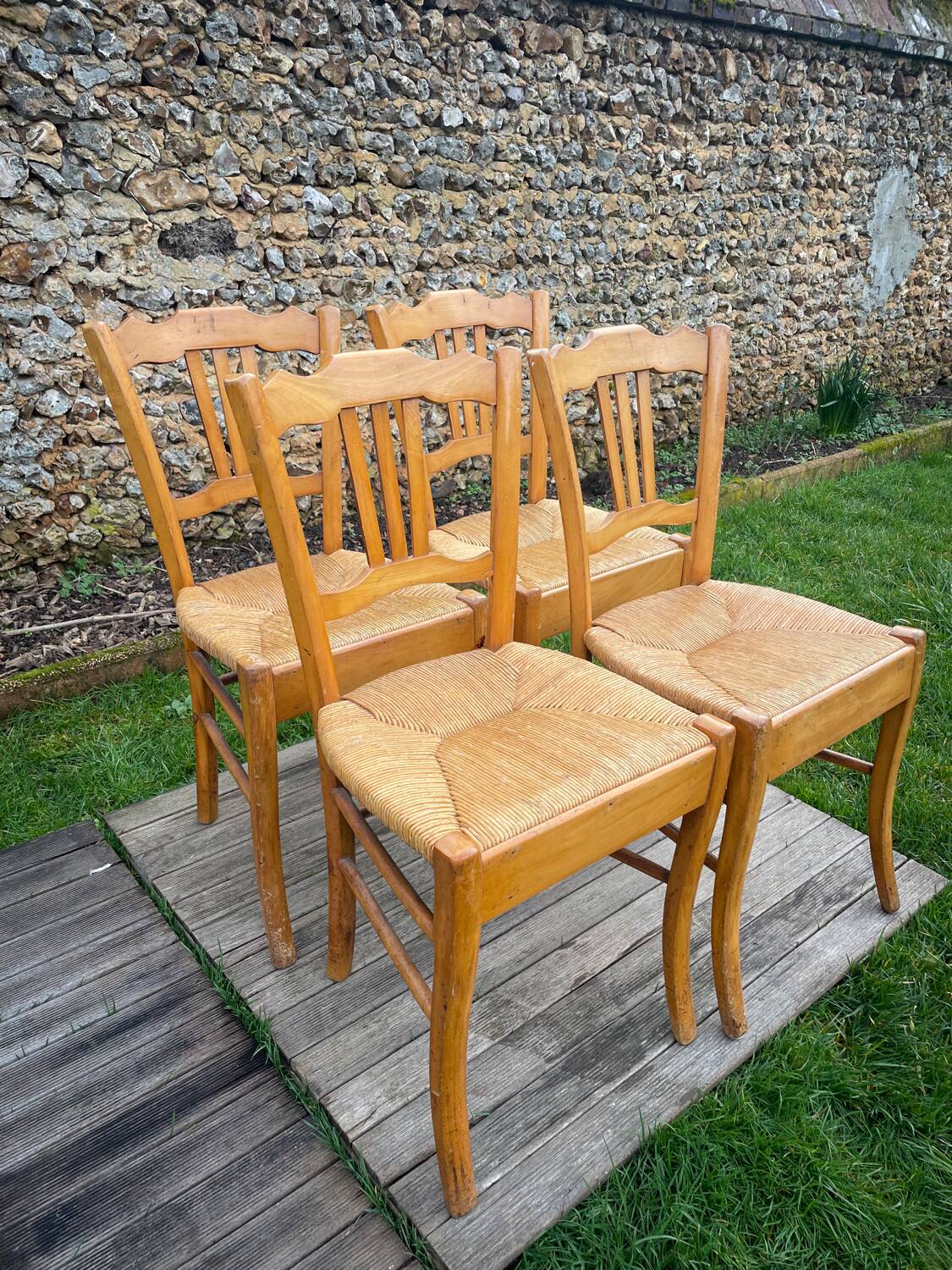 4 old blond beech straw chairs