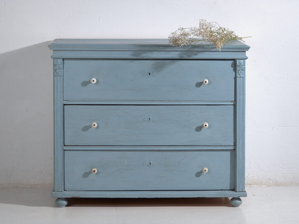 Antique painted pine chest of drawers – European rustic blue chest of drawers – circa 1900