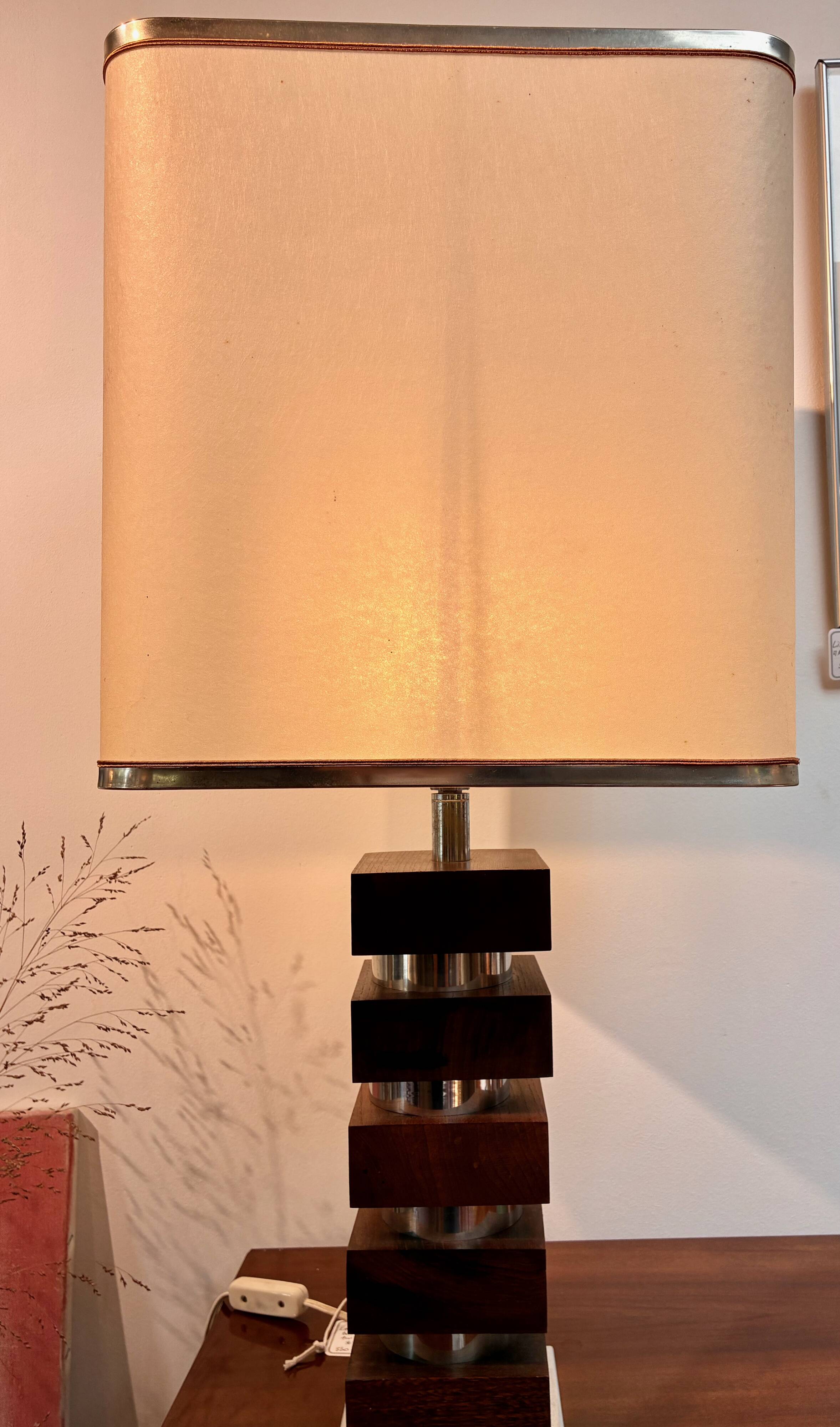 Large vintage architectural table lamp – Stacked Wood & Metal Base