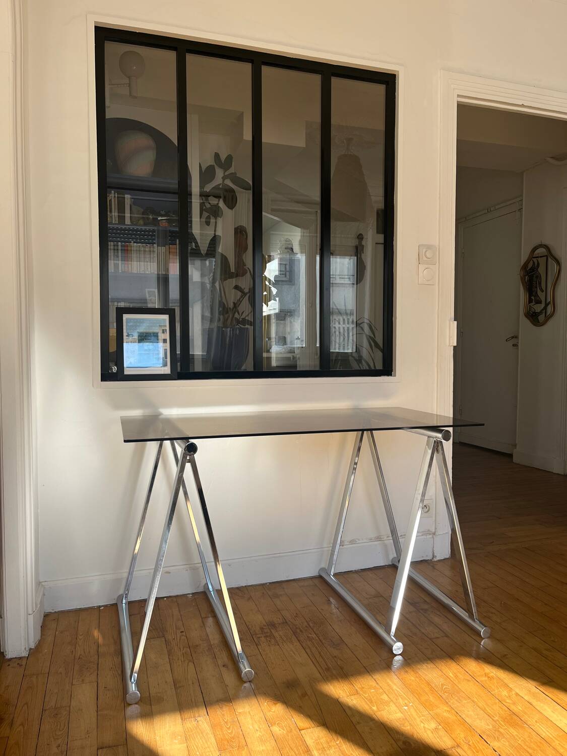 Smoked glass and chrome metal desk by Milo Baughman for Rochebobois