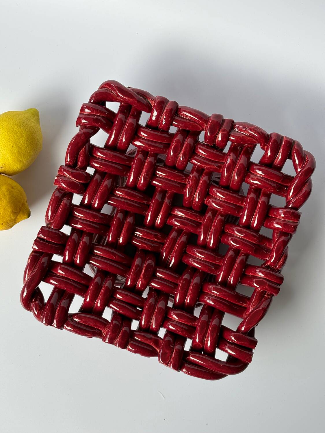 Burgundy woven ceramic basket bowl