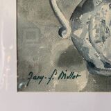 Old watercolor signed Jany. F. Millet (1926-1992), bouquet of flowers under framed glass, 1950