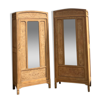 Pair of 2 identical Parisian wardrobes in raw oak.