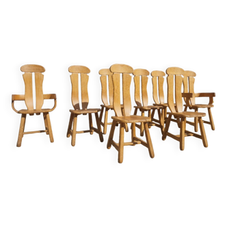 Set of 8 Britalist Oak Chairs from De Puydt, Belgium 1970s