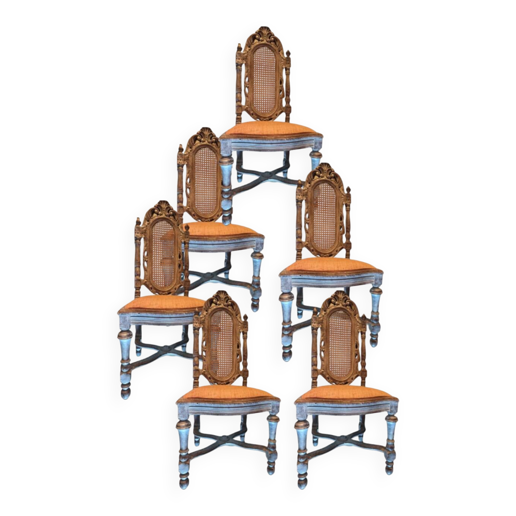 Set of 6 antique Louis XV style chairs – caned & cerused finish