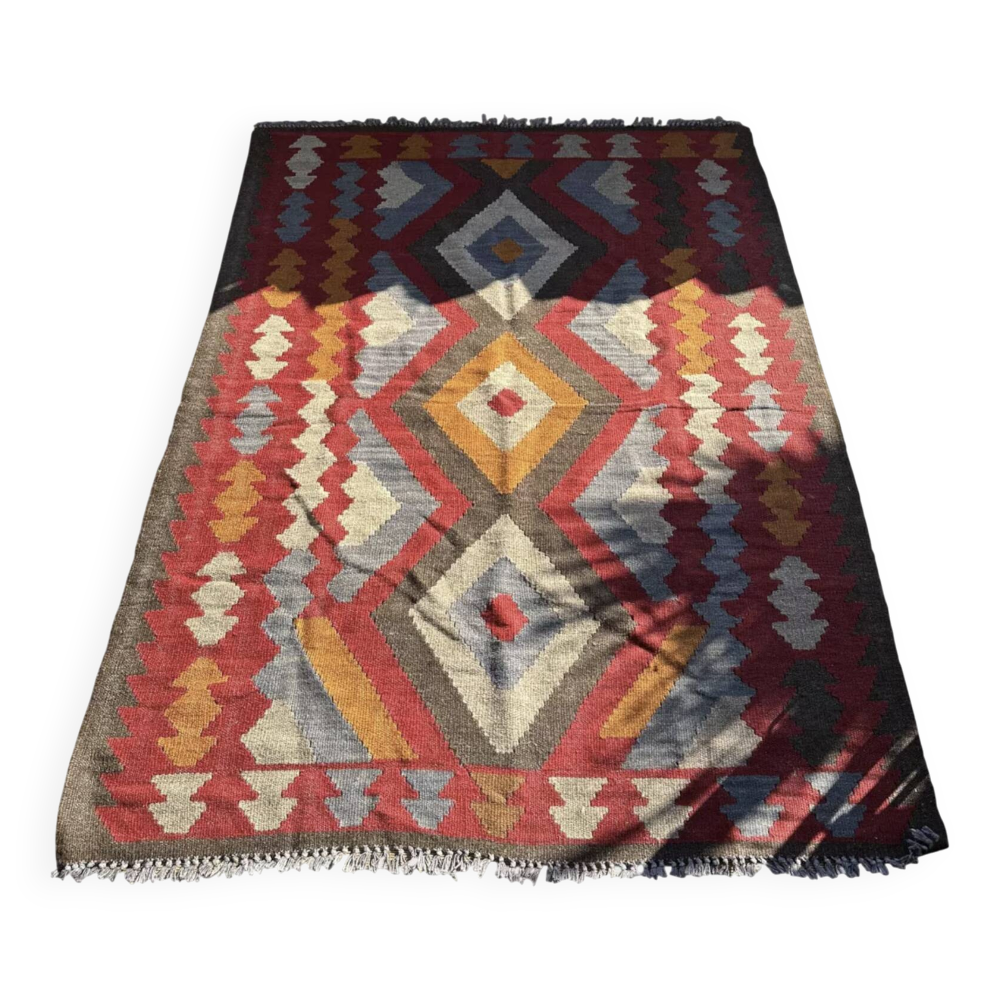 Tapis kilim artisanal laine multicolore. Turquie, années 70