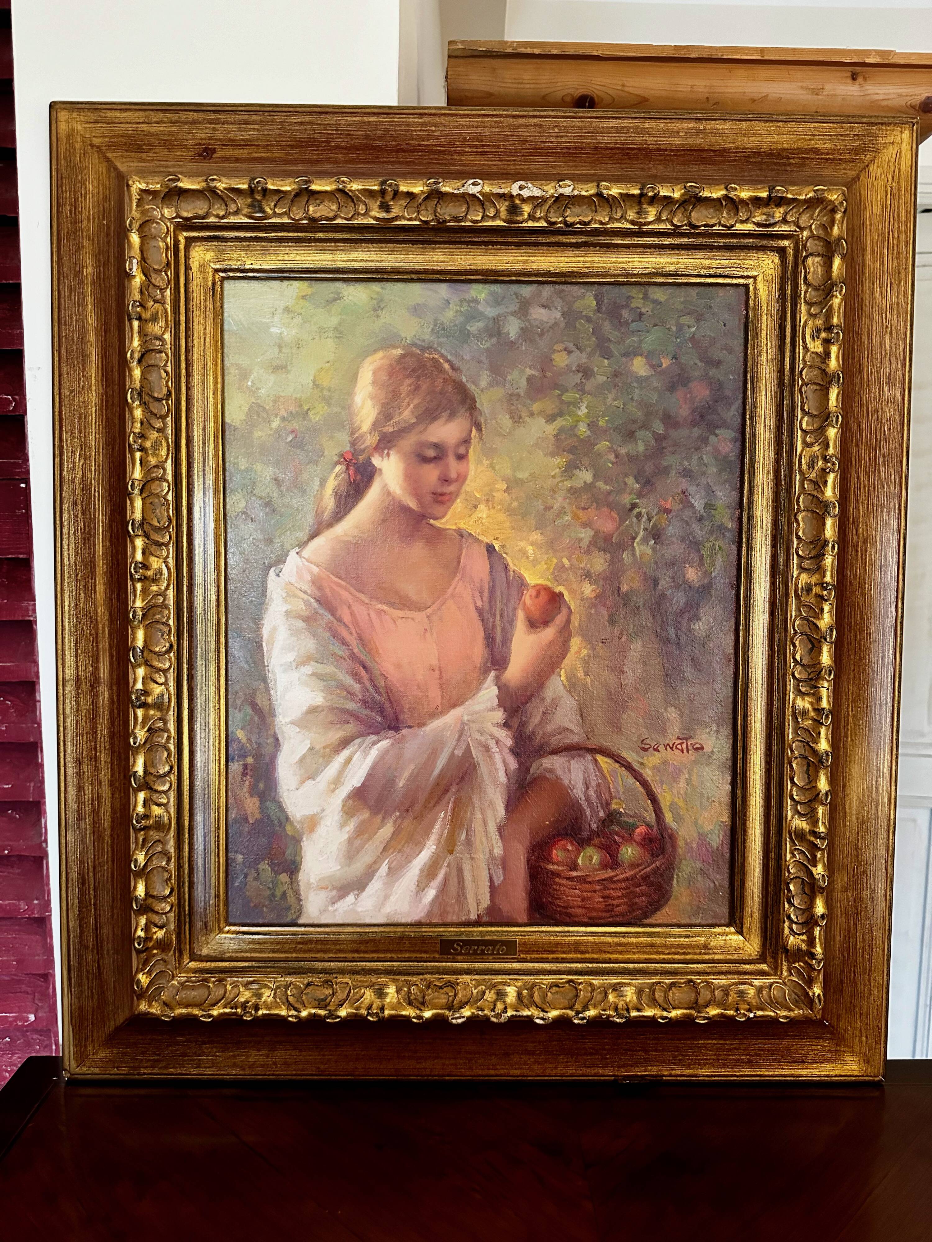 Oil on canvas signed ruggero serrato "young girl with apples"