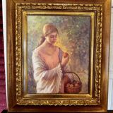 Oil on canvas signed ruggero serrato "young girl with apples"