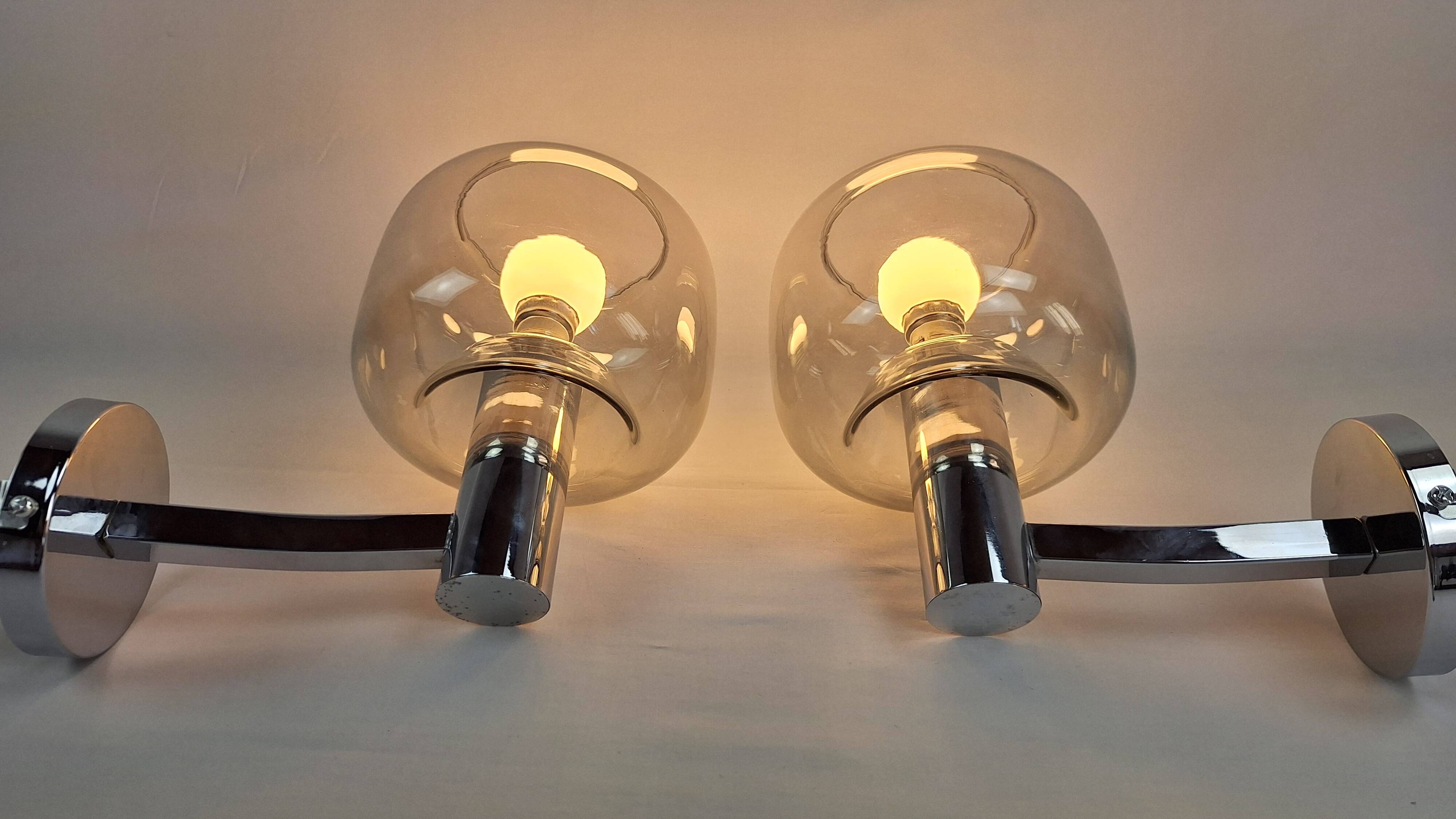 Chrome-plated metal and glass wall lights, 1970