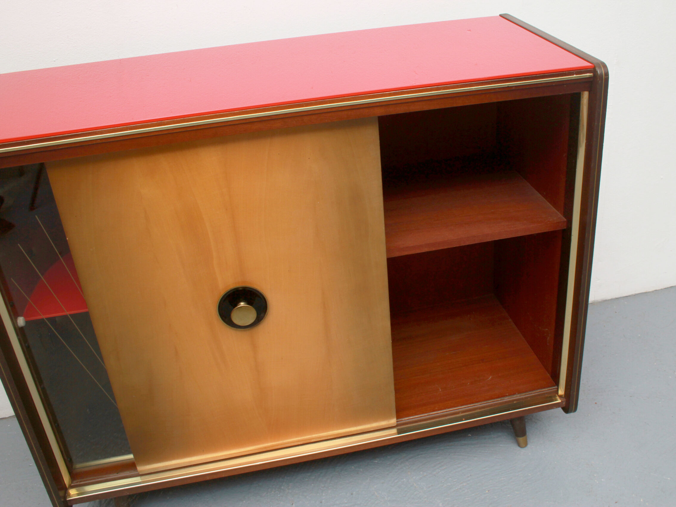 1950s bar cabinet in maple and glass