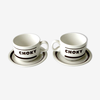 Duo Tasses et sous tasses  à Déjeuner de bistrot publicitaire CHOKY  porcelaine