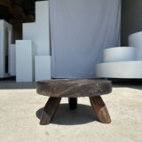 Small tripod stool low in dark brown upcycled teak