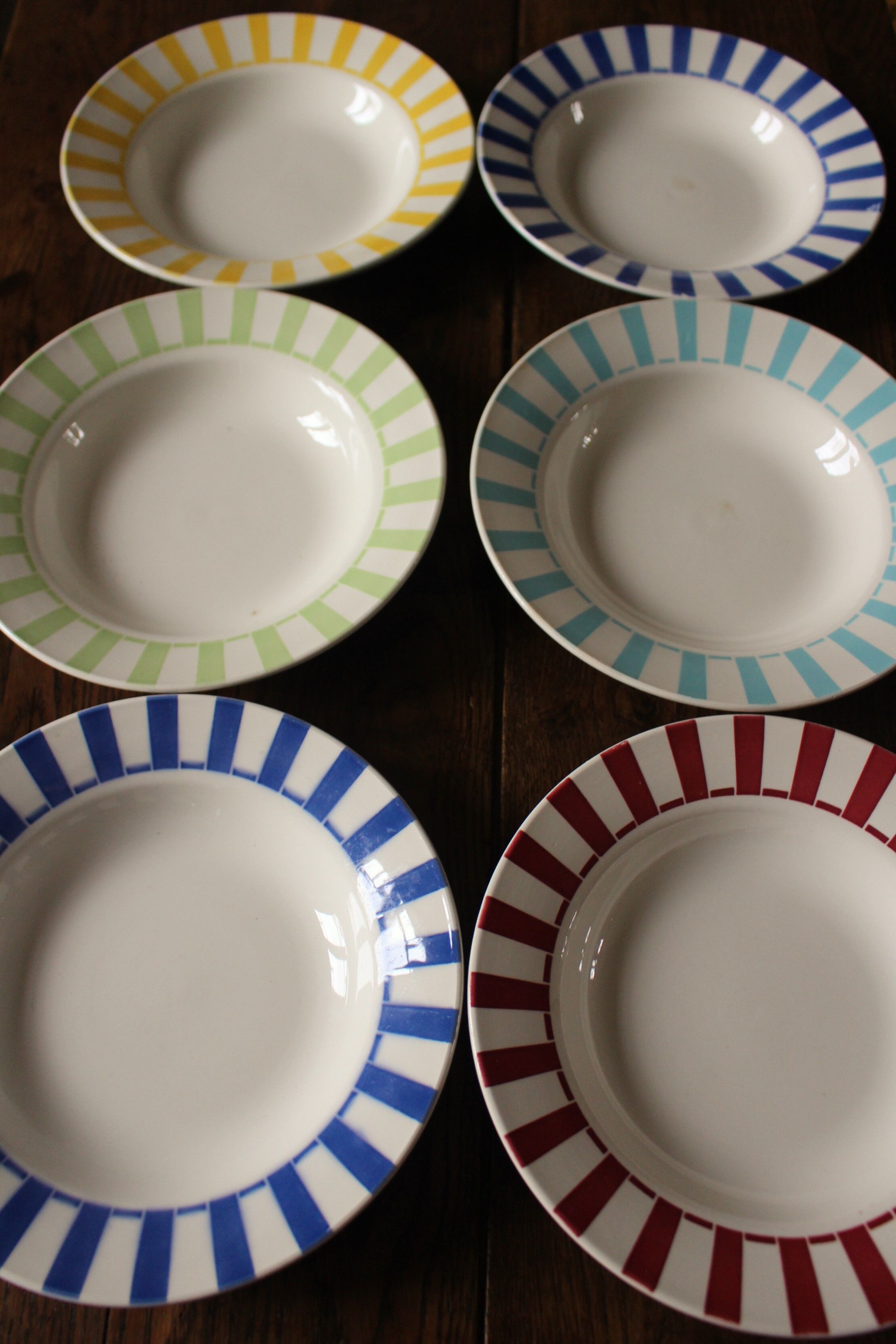 Lot 6 hollow plates Digoin Sarreguemines stripes colors