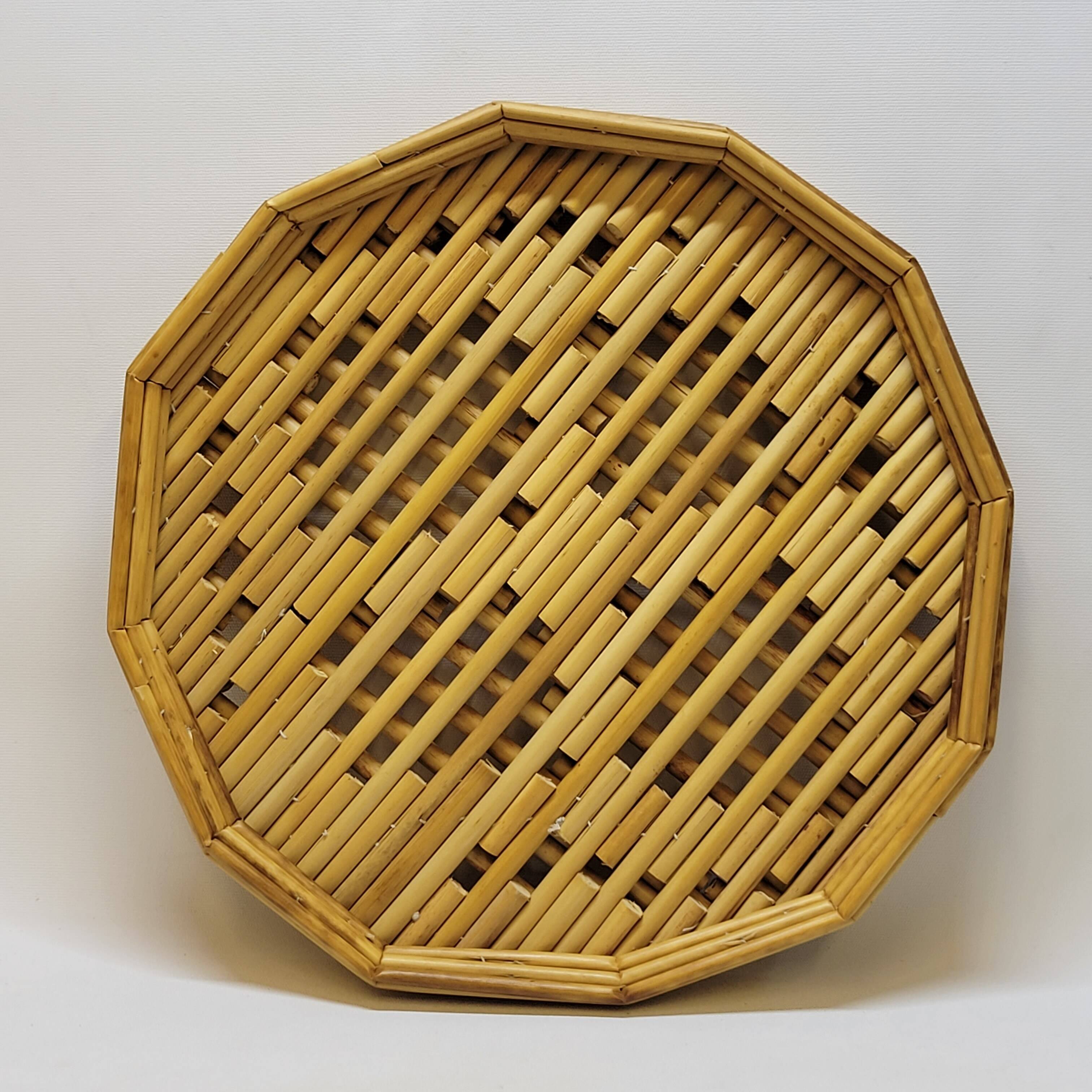 Rattan straw bamboo serving tray French vintage 70s