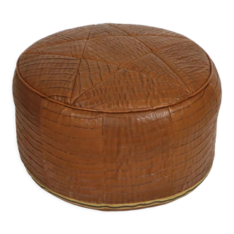 Authentique pouf rond étoile skaï cuir crocodile couleur cognac paille 54cm