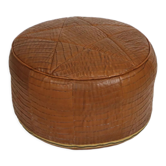 Authentic round pouf star skai leather crocodile cognac color straw 54cm