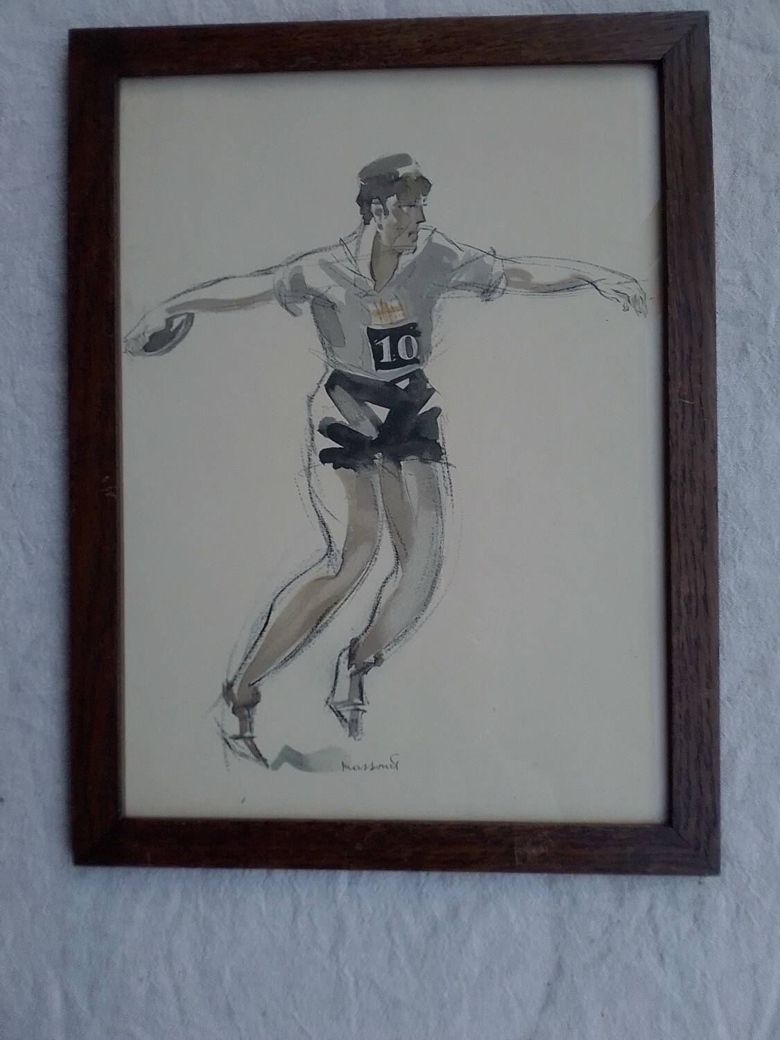 Watercolor drawing of a discus thrower, signed Massonet