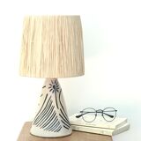 White and blue ceramic lamp, raffia shade