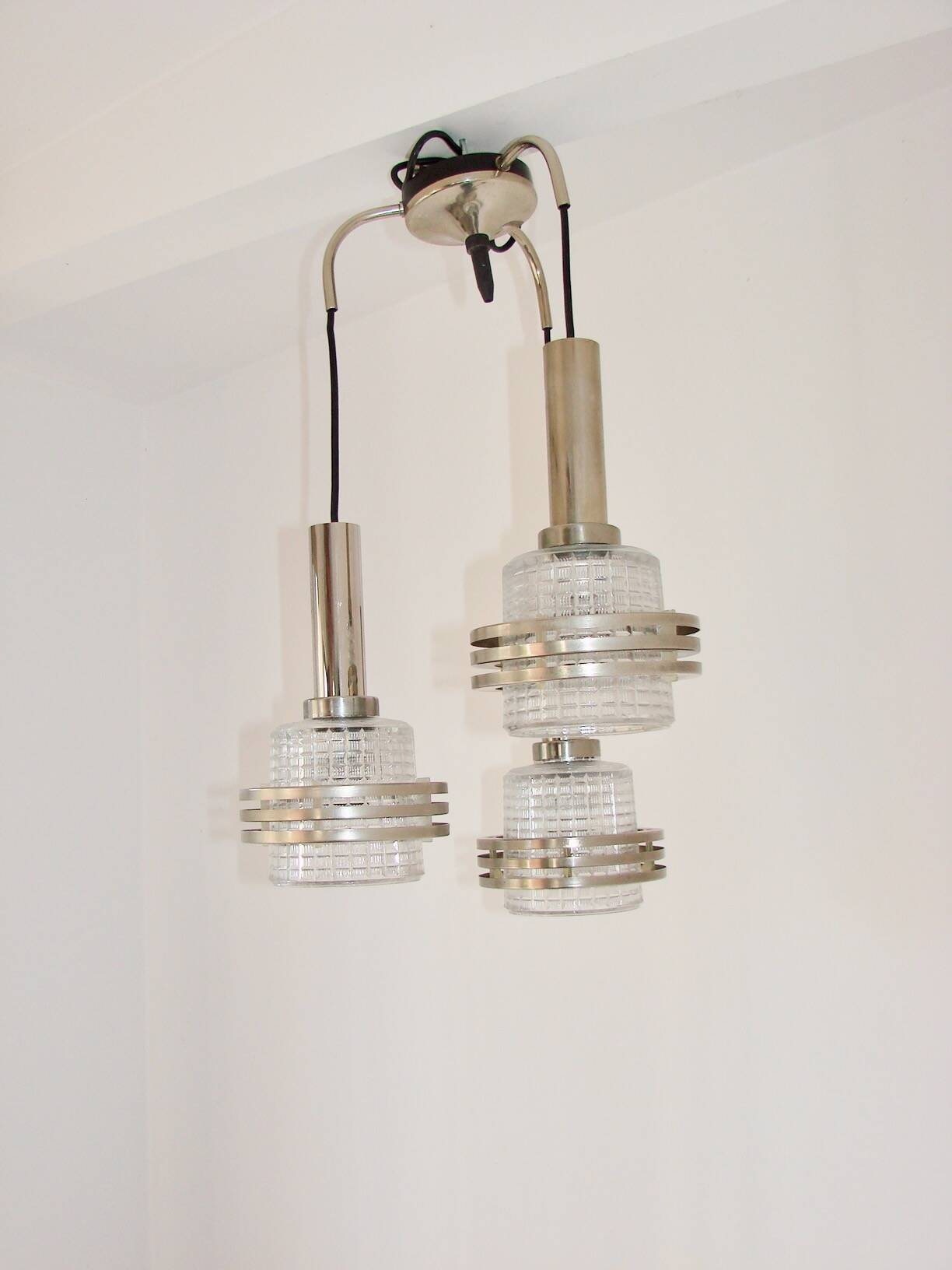 Modern pendant lamp, 1970s, metal and glass, 3xE27