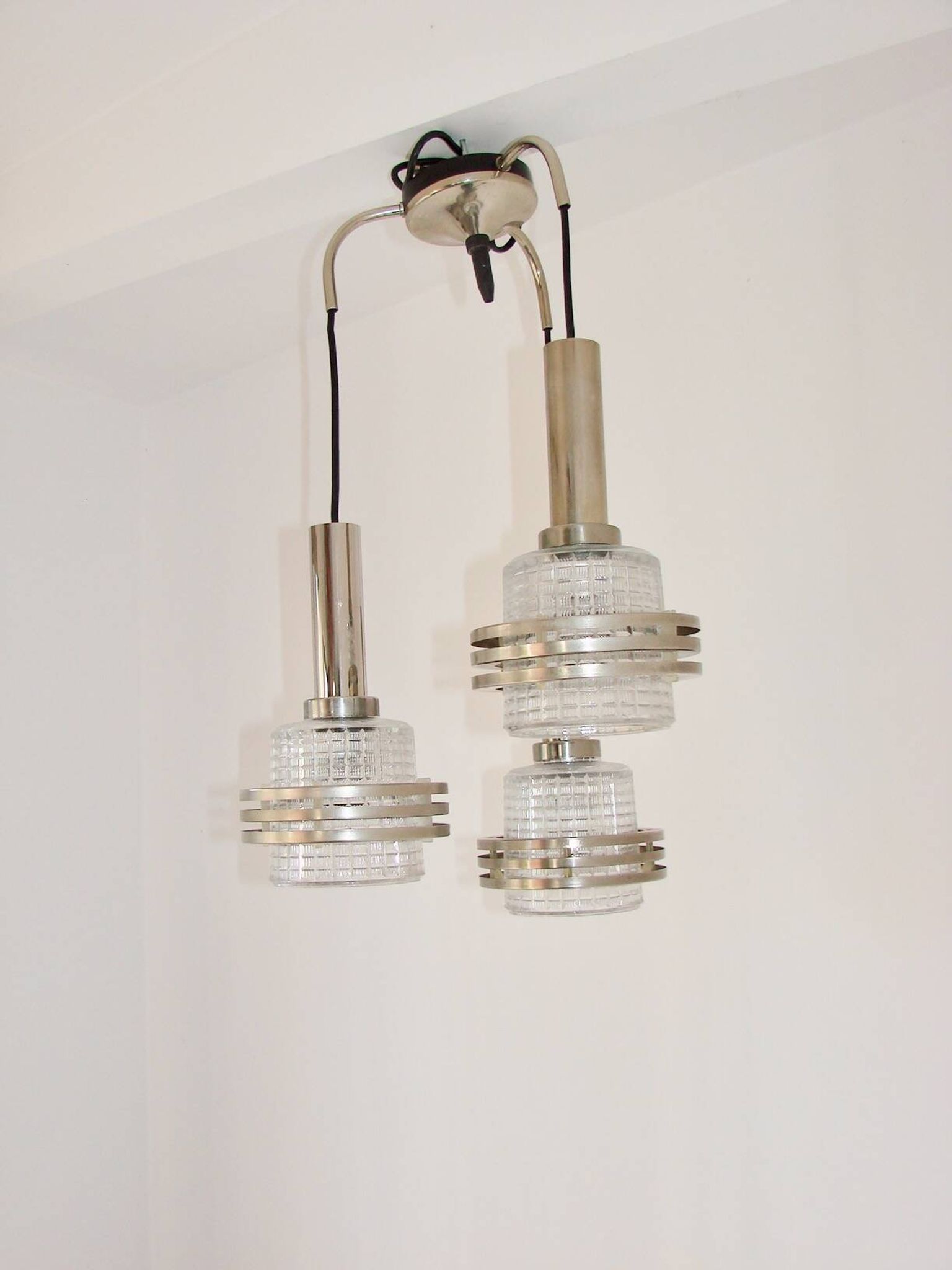Modern pendant lamp, 1970s, metal and glass, 3xE27