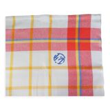 Old tablecloth and 11 towels crossed red blue