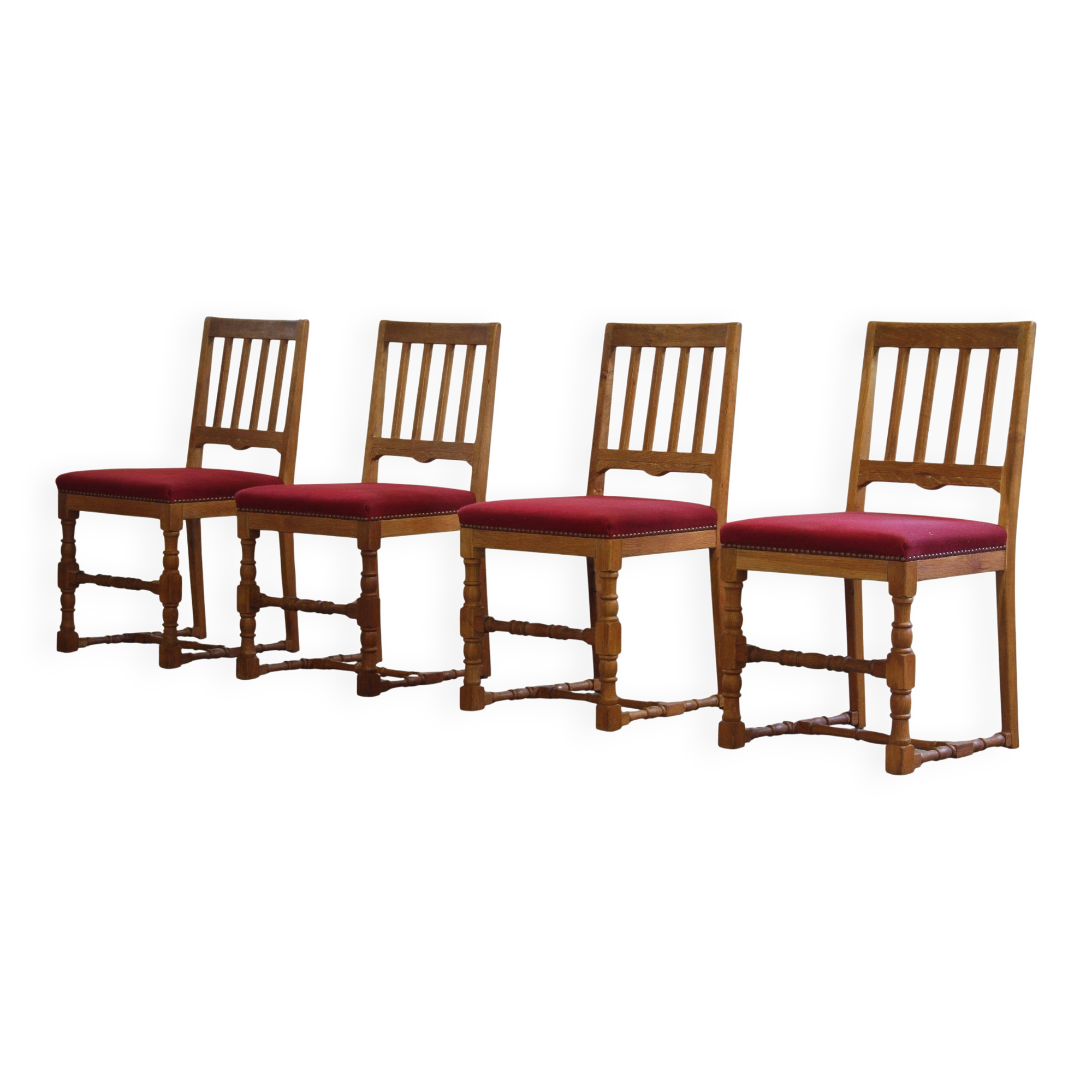 Vintage 1940s/50s solid oak Danish farmhouse chairs, Baroque style set of 4