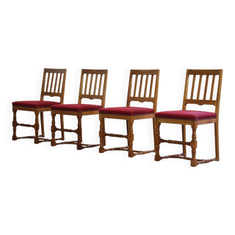 Vintage 1940s/50s solid oak Danish farmhouse chairs, Baroque style set of 4