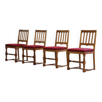 Vintage 1940s/50s solid oak Danish farmhouse chairs, Baroque style set of 4