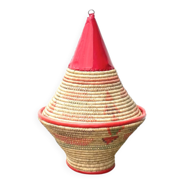 Grand panier couvert Marocain en osier tressé, style folk années 70