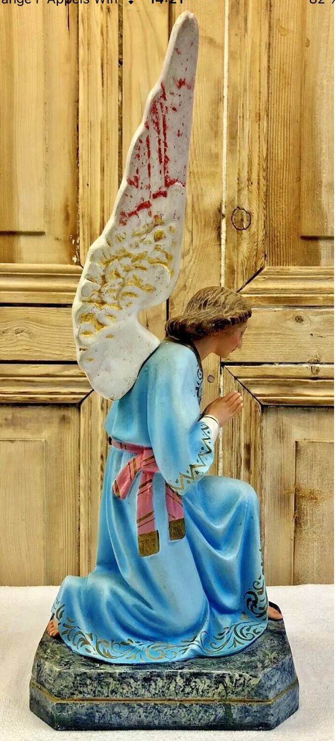 Large altar angel 42.5 cm plaster church statue sulphide eyes XIX