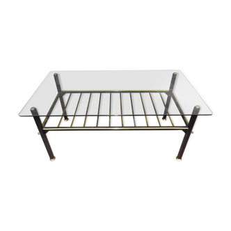Table basse 1960 piétement en métal noir baguettes dorée plateau en verre