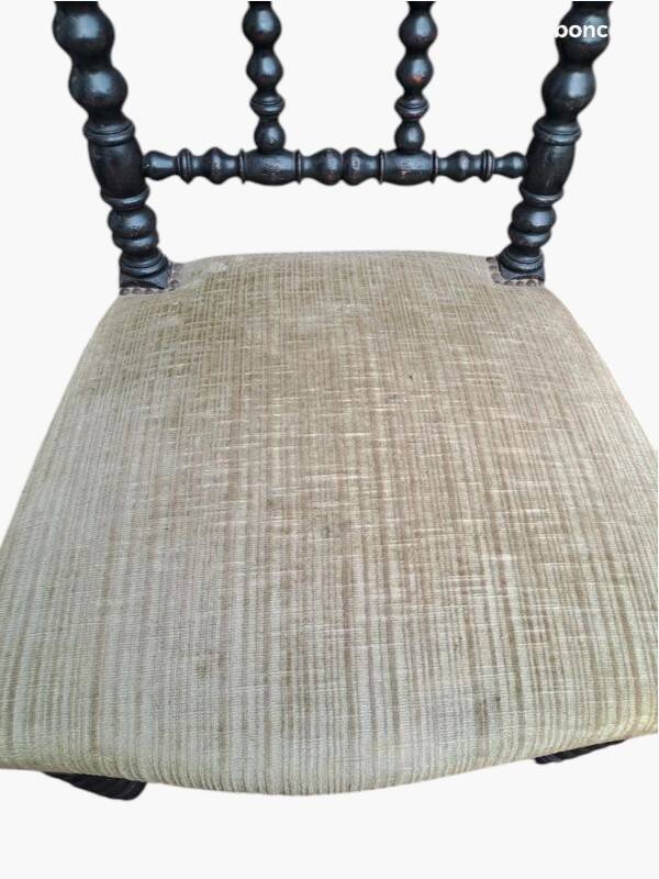 Pair of vintage twisted black wood chairs – Light green fabric seats