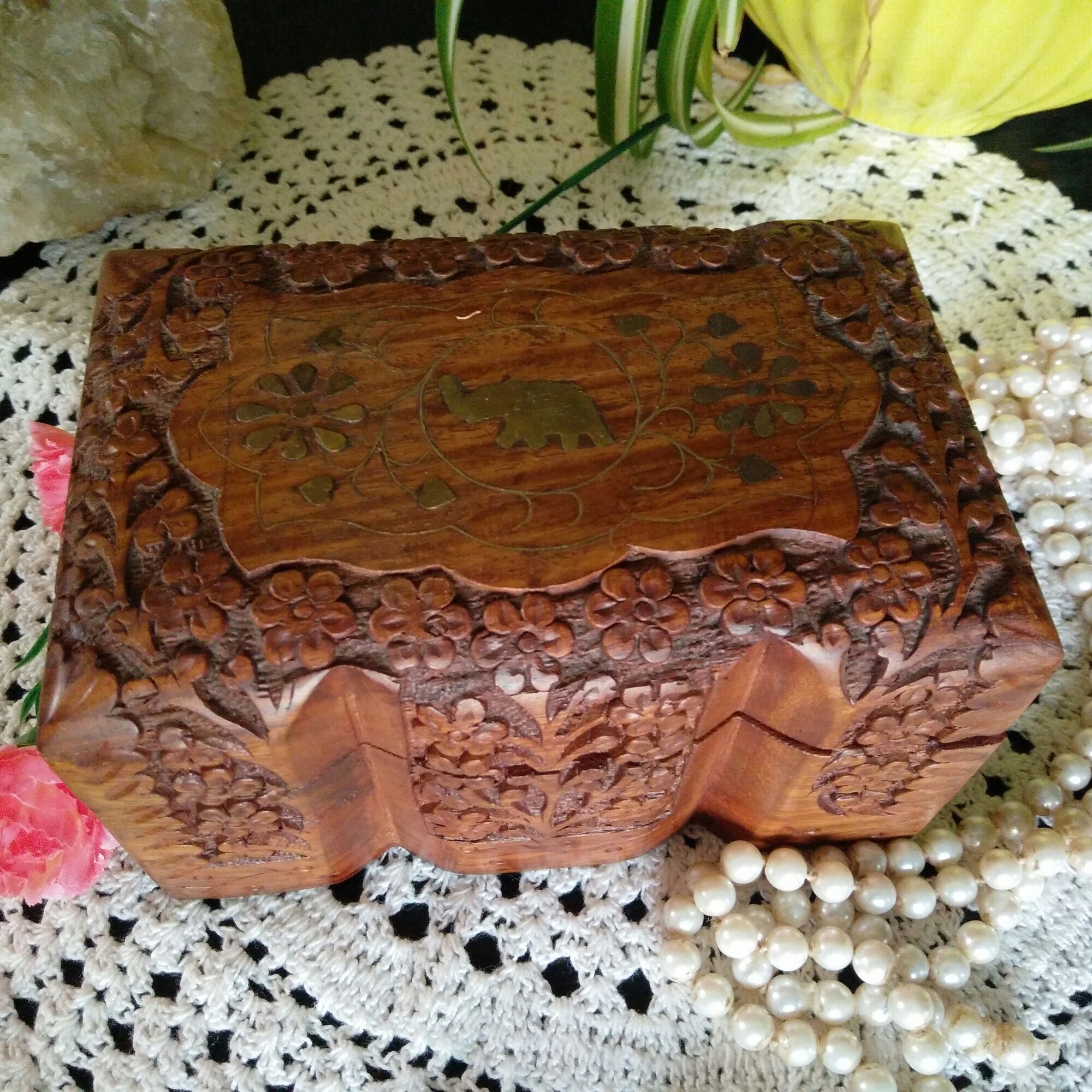 Ancient wooden jewelry box with mirror, engravings and brass décor,Asia India