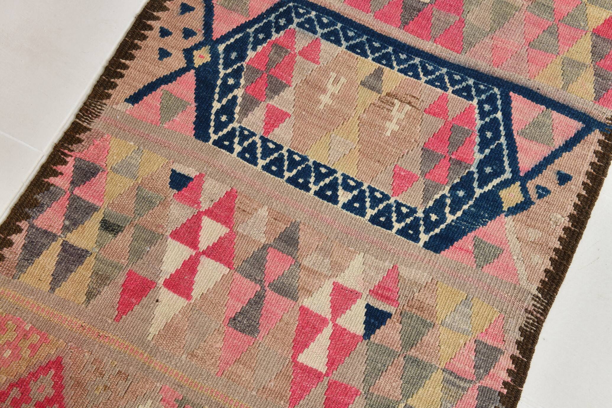 Pink & Navy Blue. Turkish Runner Rug, 90x350Cm